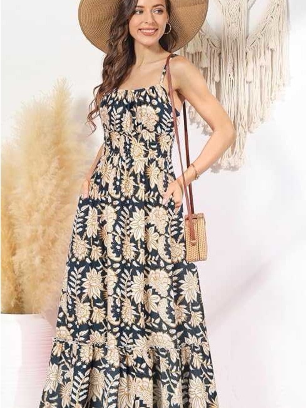 Floral Black/Cream Smocked Maxi Dress, Spaghetti Strap, Tiered, Boho, Sundress